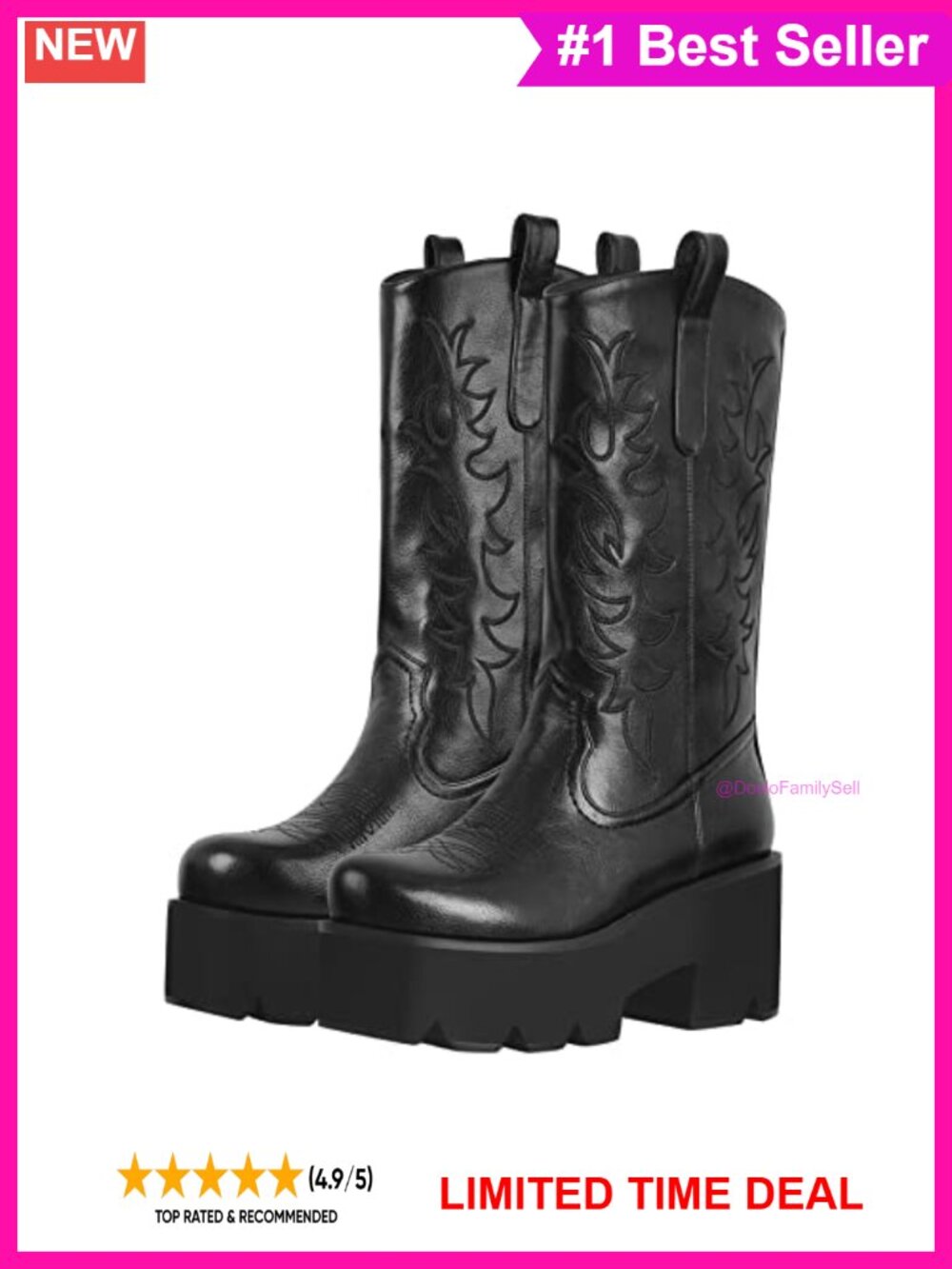 Embroidered Mid Calf Western Boots Pull On Platform